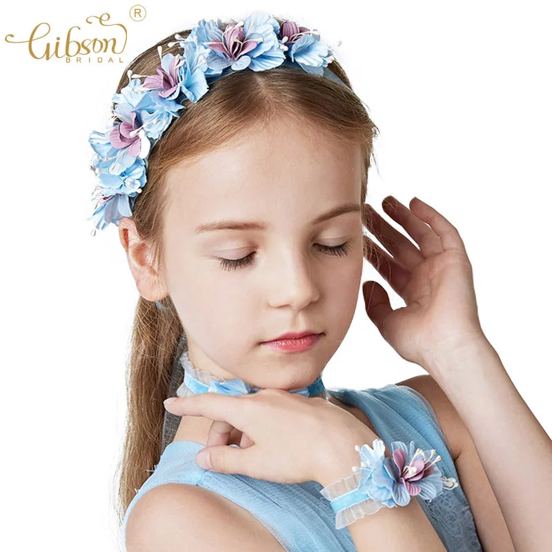 3pcs Children Flower Hair Band Wreath Necklace Bracelet Set Baptism Headpiece