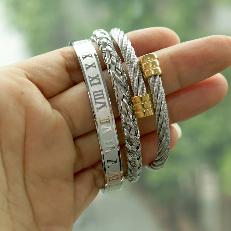 Men Titanium Steel Roman Numeral Bracelet Set Horseshoe Buckle Bangles D105