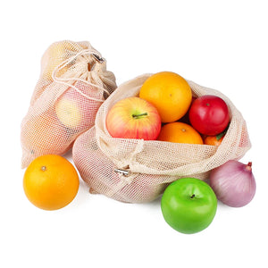 3pcs Natural Cotton Drawstring Pouch for Vegetable Fruit Mesh Net Bag