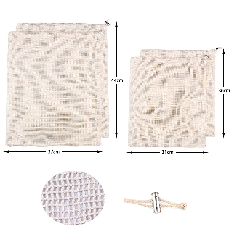 3pcs Natural Cotton Drawstring Pouch for Vegetable Fruit Mesh Net Bag
