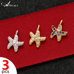 3pcs Starfish Charms Gold/Silver Plated CZ Crystal Star Pendant Beads
