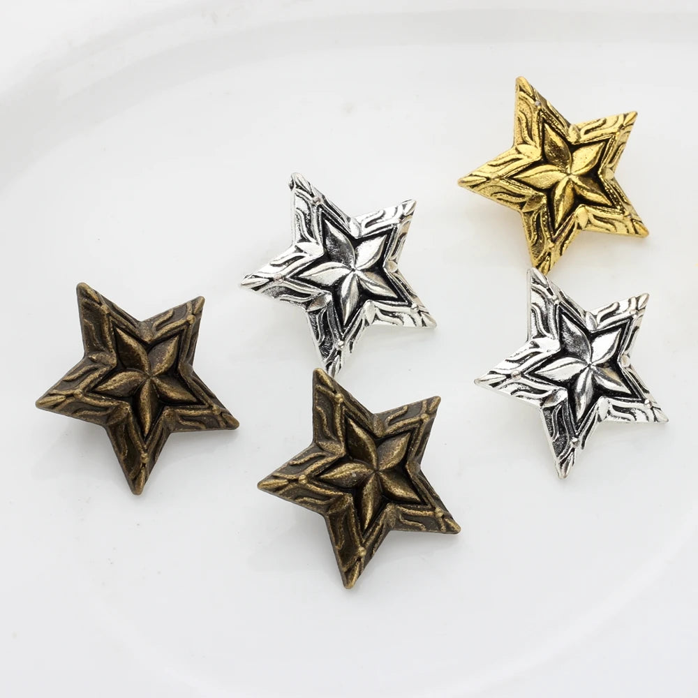 3Pcs/Lot 28MM Retro Alloy Bronze 3D Stars CONCHO Pentagram Buttons Charms