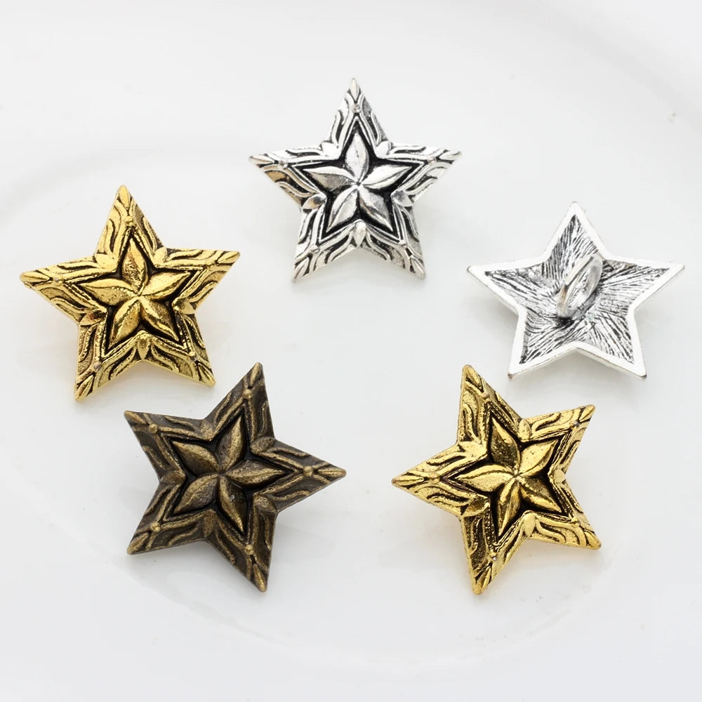 3Pcs/Lot 28MM Retro Alloy Bronze 3D Stars CONCHO Pentagram Buttons Charms