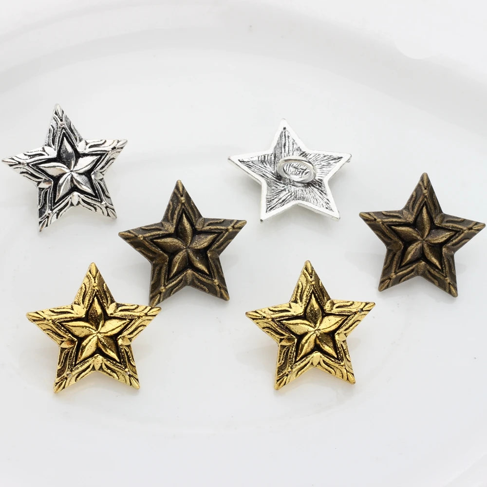 3Pcs/Lot 28MM Retro Alloy Bronze 3D Stars CONCHO Pentagram Buttons Charms