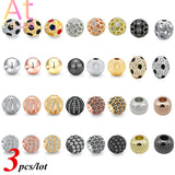 3pcs CZ Spacer Round Beads, 7/8/9mm, 12 Styles, Micro Pave Cubic Zirconia