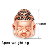 3pcs CZ Crystal Buddha Head Charms Spacer Beads Copper Pave Loose Beads