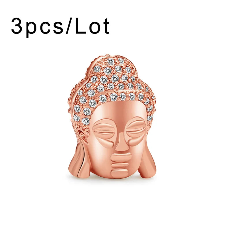 3pcs CZ Crystal Buddha Head Charms Spacer Beads Copper Pave Loose Beads