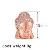 3pcs CZ Crystal Buddha Head Charms Spacer Beads Copper Pave Loose Beads