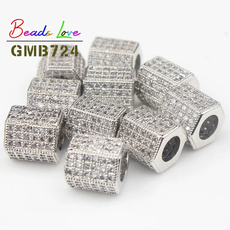 3pcs Geometric CZ Spacer Beads Copper Micro Pave Zirconia for DIY Charm Bracelet