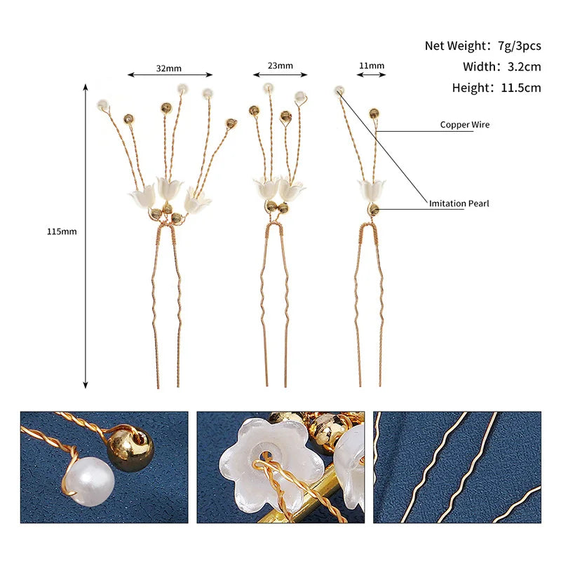 3pcs Pearl Flower Hair Forks Bridal Hairpins Hair Clips Women Accessories
