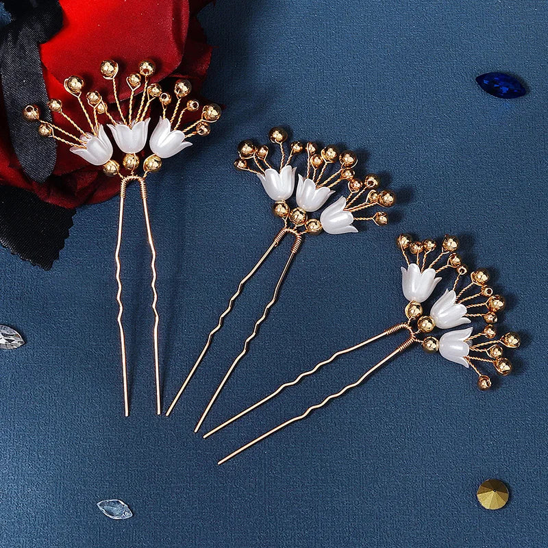 3pcs Pearl Flower Hair Forks Bridal Hairpins Hair Clips Women Accessories