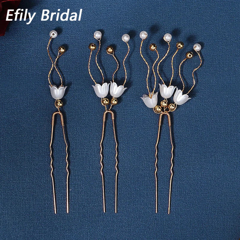 3pcs Pearl Flower Hair Forks Bridal Hairpins Hair Clips Women Accessories