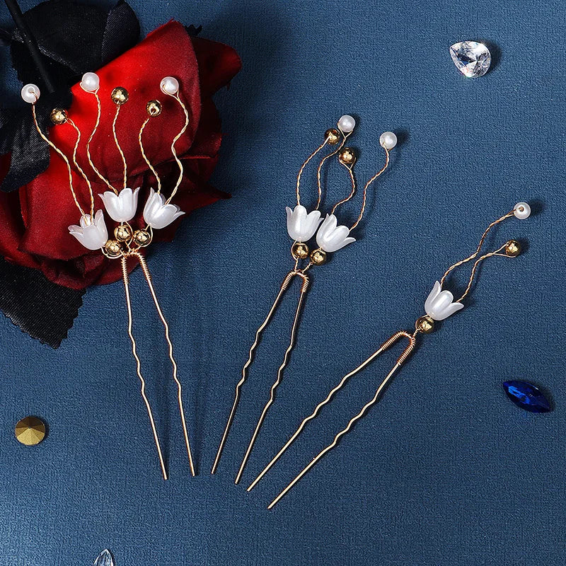 3pcs Pearl Flower Hair Forks Bridal Hairpins Hair Clips Women Accessories
