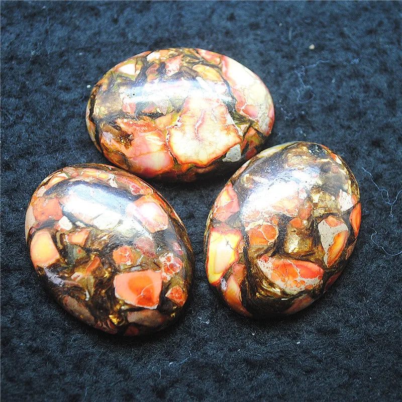 3pcs Green Stone Cabochons w/ Gold Natural Gem CABS 30x40mm Oval Shape