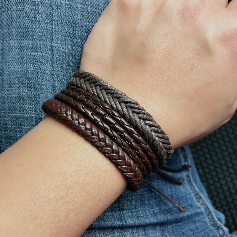 3pcs/set Vintage Punk Leather Bracelets Rope Woven Braided Men's Gift