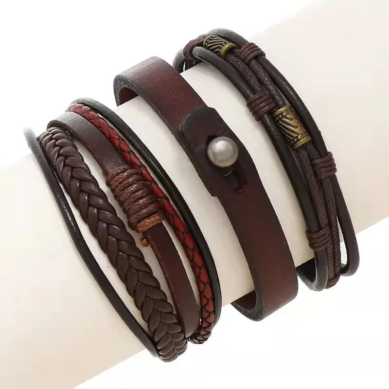 3pcs/set Brown Wrap Woven Leather Bracelets for Men