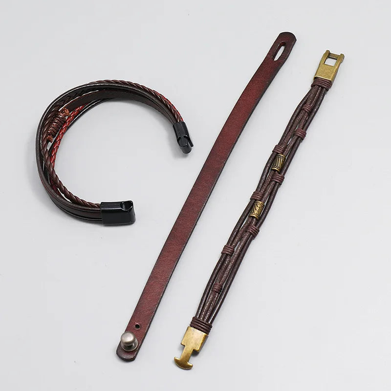 3pcs/set Brown Wrap Woven Leather Bracelets for Men