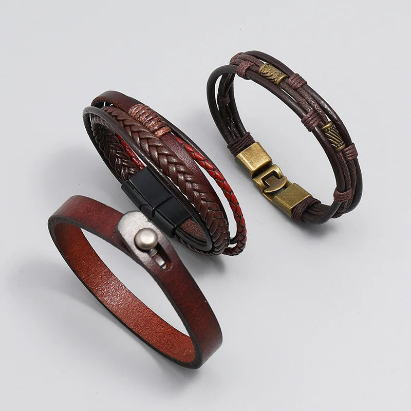 3pcs/set Brown Wrap Woven Leather Bracelets for Men