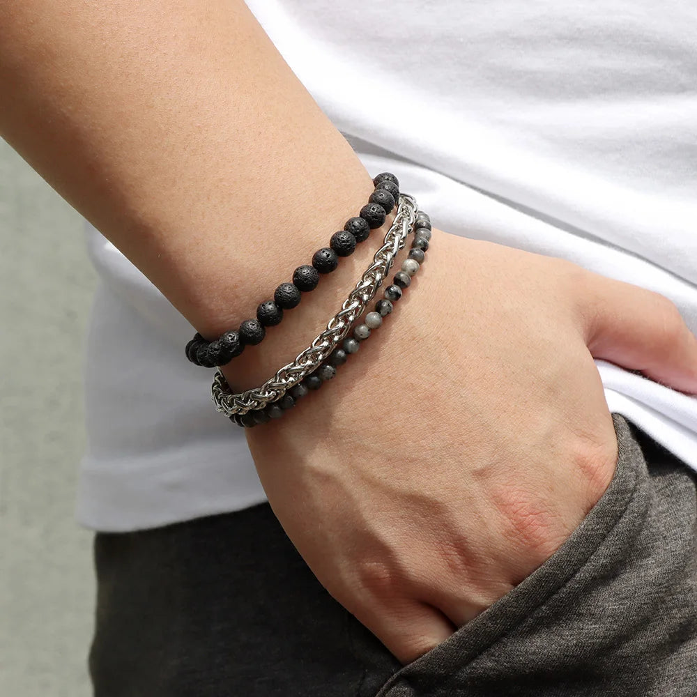 3pcs Natural Stone Beaded Bracelets For Men Vintage Jewelry