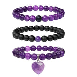 3pcs/set Heart Charm Bracelet Set Amethysts Rose Pink Quartzs Beads Bracelets