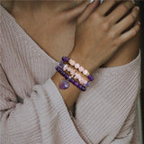 3pcs/set Heart Charm Bracelet Set Amethysts Rose Pink Quartzs Beads Bracelets