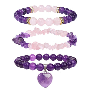 3pcs/set Heart Charm Bracelet Set Amethysts Rose Pink Quartzs Beads Bracelets