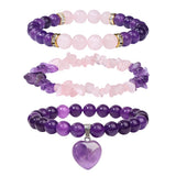 3pcs/set Heart Charm Bracelet Set Amethysts Rose Pink Quartzs Beads Bracelets