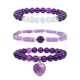 3pcs/set Heart Charm Bracelet Set Amethysts Rose Pink Quartzs Beads Bracelets