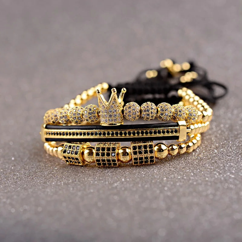 3pcs/set CZ Tube Ball Crown Charm Copper Bead Men Bracelets
