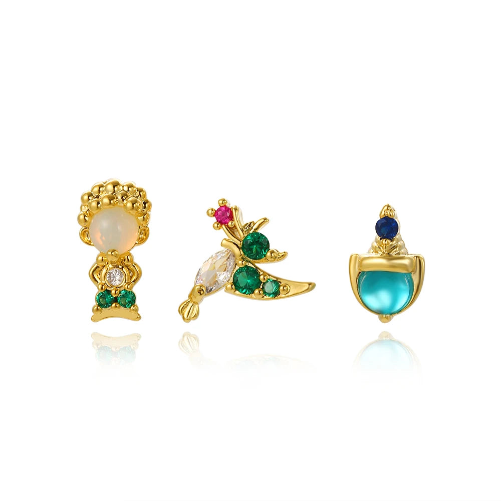 3pcs Colored Zircon 925 Silver Stud Earrings for Women Sweet Party Gift