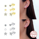 3pcs Silver Stud Earrings For Women Multi-size Piercing Aretes Moon Star Heart