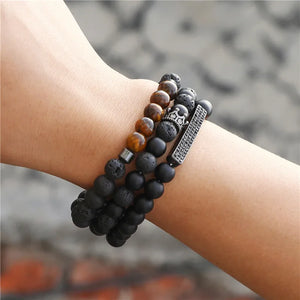 Punk 8mm Matte Tiger Eye Stone Bracelet Set CZ Bar Crown Charm Jewelry