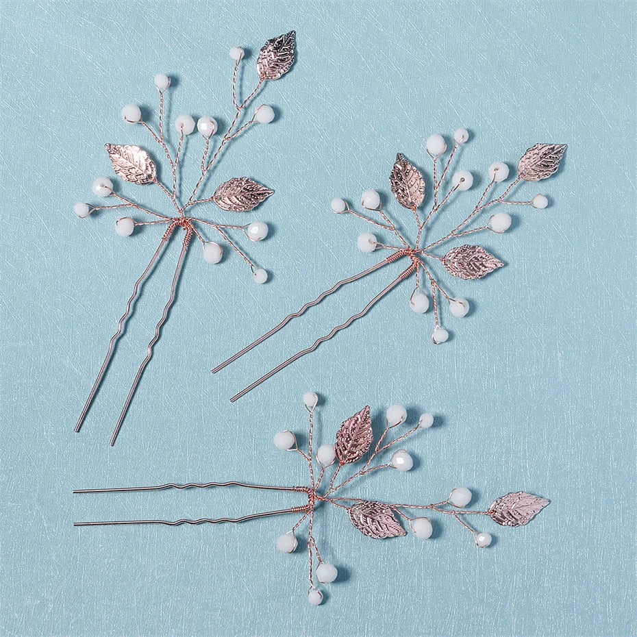 3pcs/set Rose Leaf Crystal Wedding Hair Pin Bridal Hair Accessories