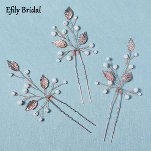 3pcs/set Rose Leaf Crystal Wedding Hair Pin Bridal Hair Accessories