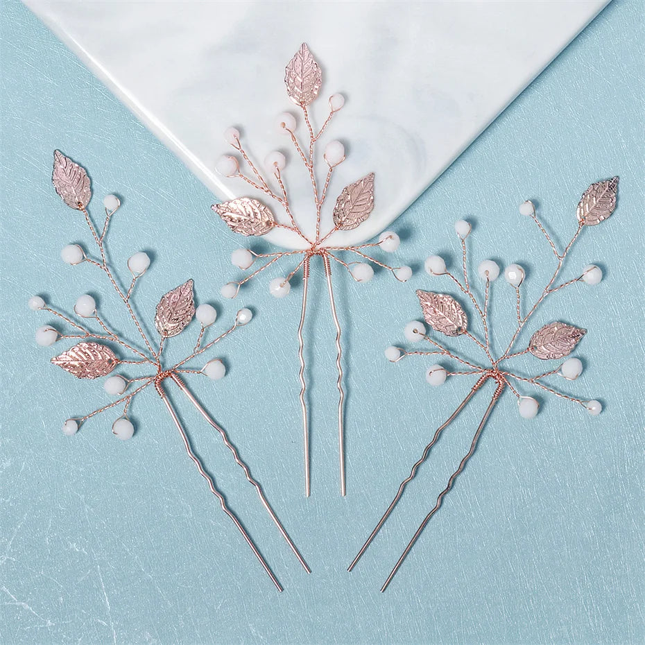 3pcs/set Rose Leaf Crystal Wedding Hair Pin Bridal Hair Accessories