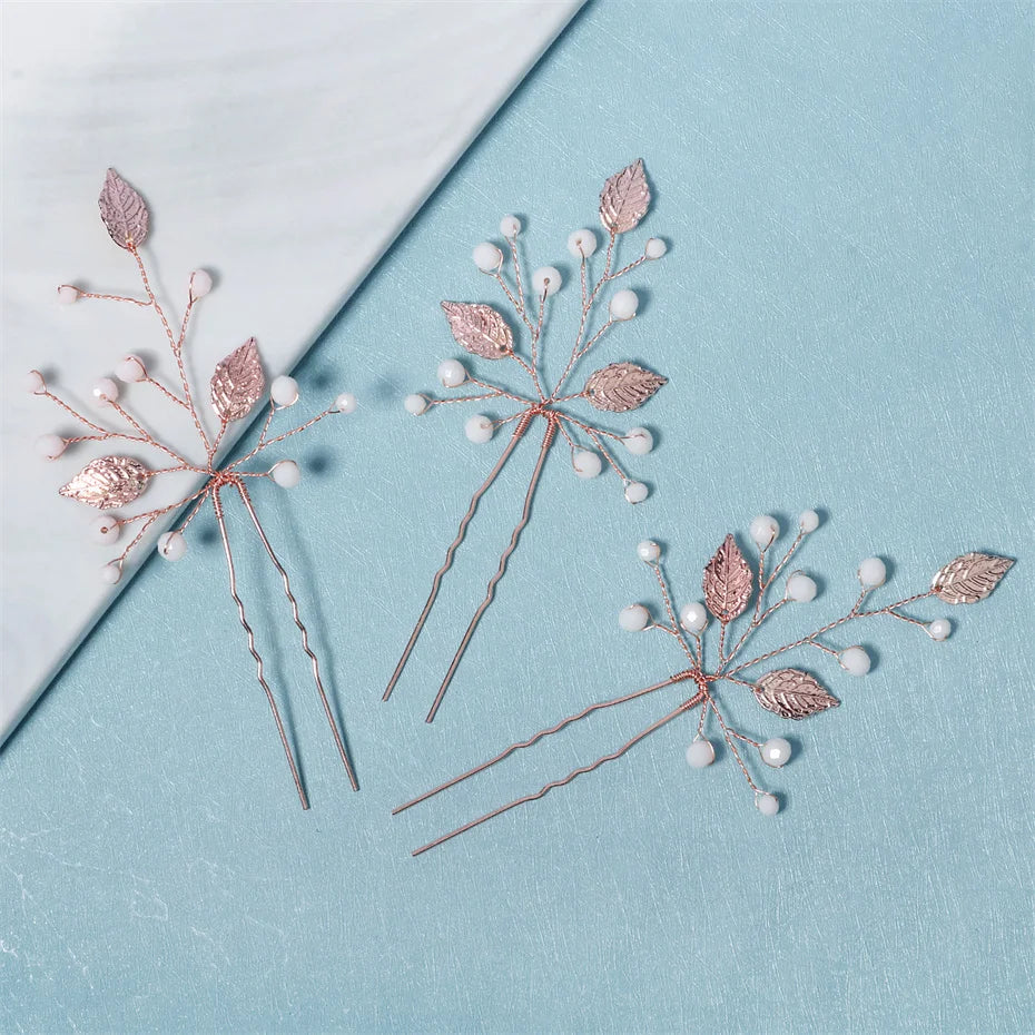 3pcs/set Rose Leaf Crystal Wedding Hair Pin Bridal Hair Accessories