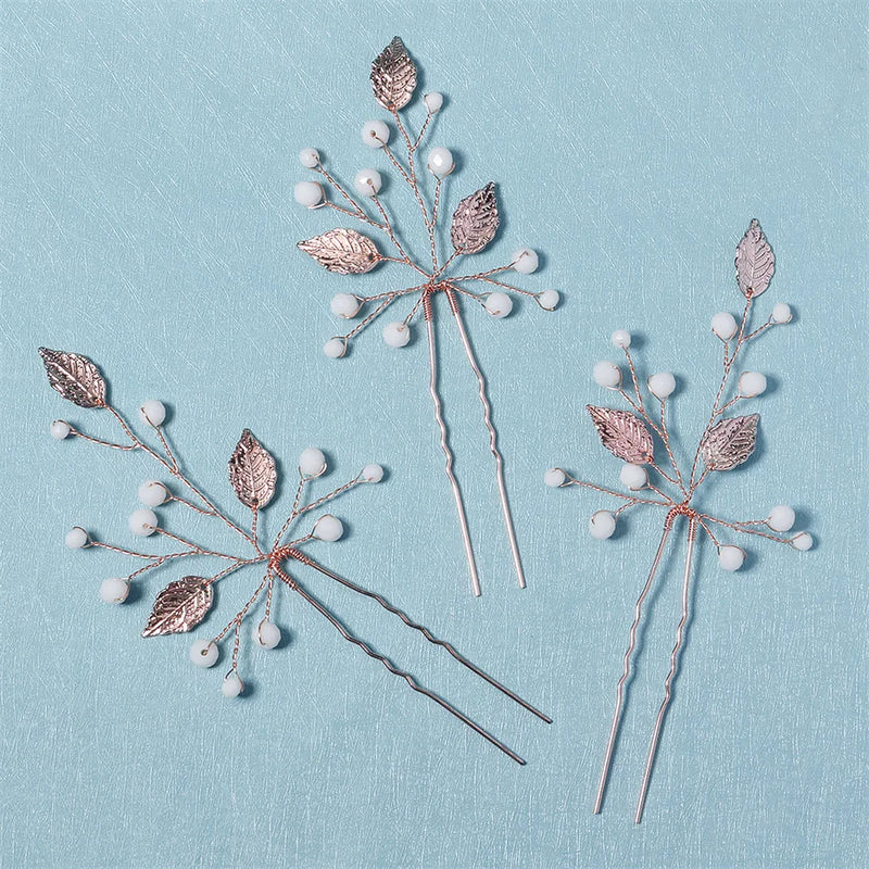 3pcs/set Rose Leaf Crystal Wedding Hair Pin Bridal Hair Accessories