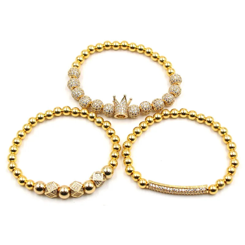 3pcs Royal Copper Crown CZ Charm Bracelets Men Pulseira Bileklik