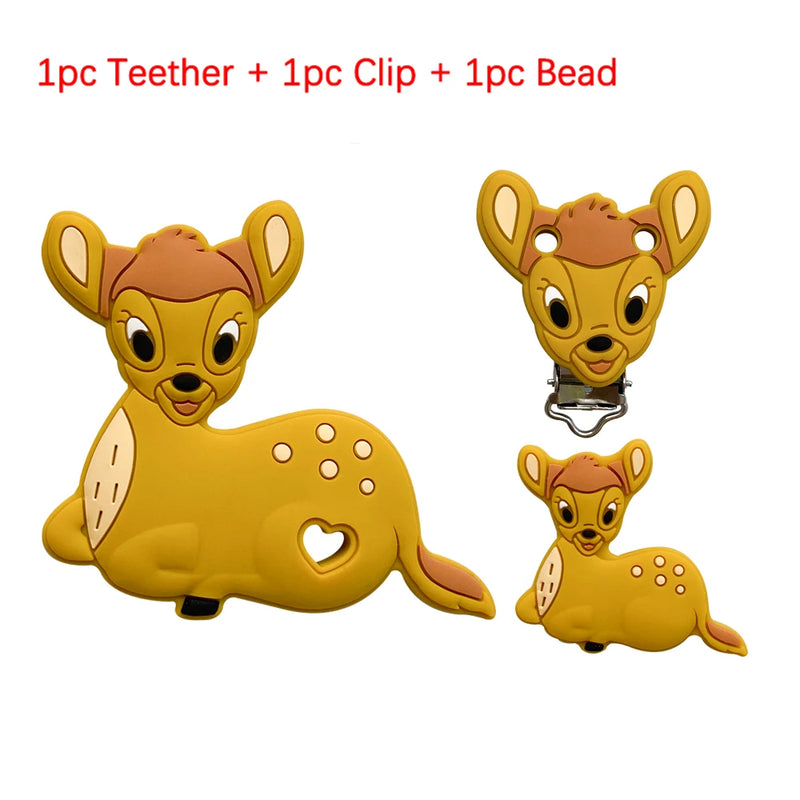 3pcs Silicone Teether Beads Clips Animals Baby Teething Necklace DIY