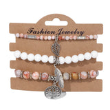 Tree Of Life Stone Beads Bracelet Set With Feather Leaf Charm