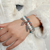 Tree Of Life Stone Beads Bracelet Set With Feather Leaf Charm