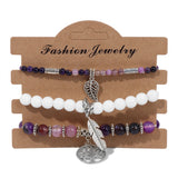 Tree Of Life Stone Beads Bracelet Set With Feather Leaf Charm