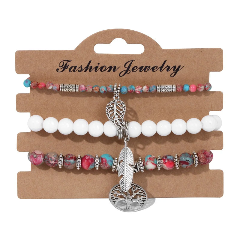 Tree Of Life Stone Beads Bracelet Set With Feather Leaf Charm