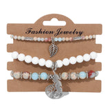 Tree Of Life Stone Beads Bracelet Set With Feather Leaf Charm