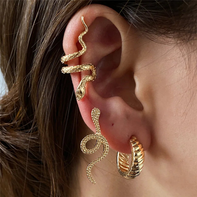 Vintage Silver Snake Clip Earrings Ear Cuffs Piercing Jewelry