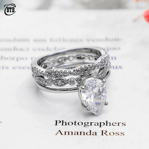 Water Drop Wedding Ring Set Pear Shaped CZ Stone Silver Plated Band