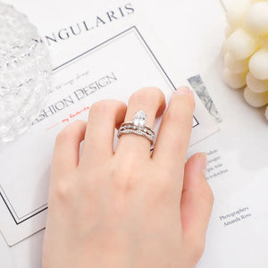 Water Drop Wedding Ring Set Pear Shaped CZ Stone Silver Plated Band