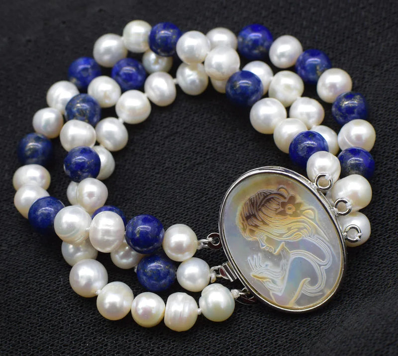 Lapis & Pearl Round Bracelet 7.5in