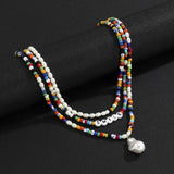 3x Bead Choker Necklace Pearl Pendant Layered-Necklace Boho Beach Jewelry