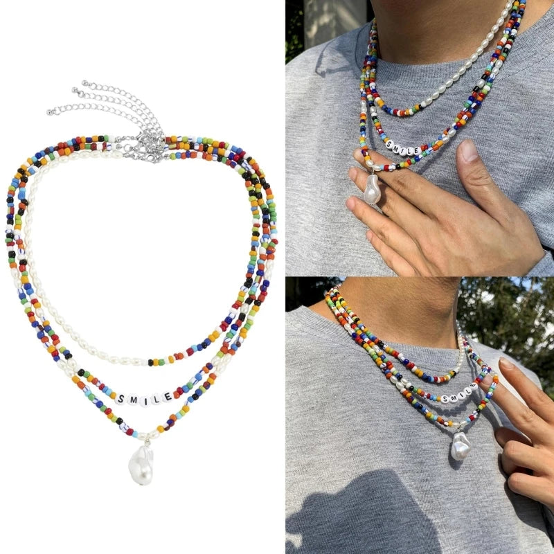 3x Bead Choker Necklace Pearl Pendant Layered-Necklace Boho Beach Jewelry